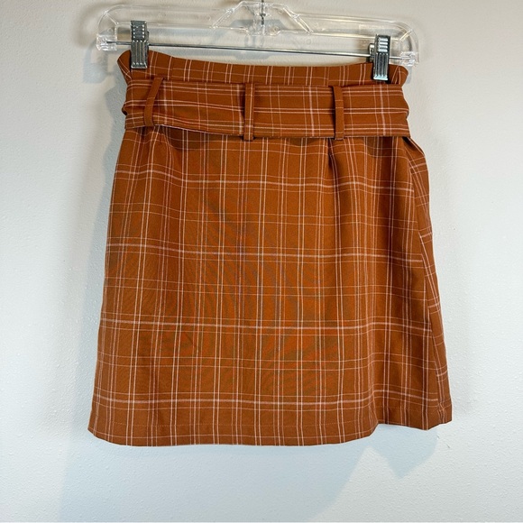Alythea Plaid Orange Brown Button Down Mini A-Line Skirt Tie Front Belt Preppy - Picture 3 of 7